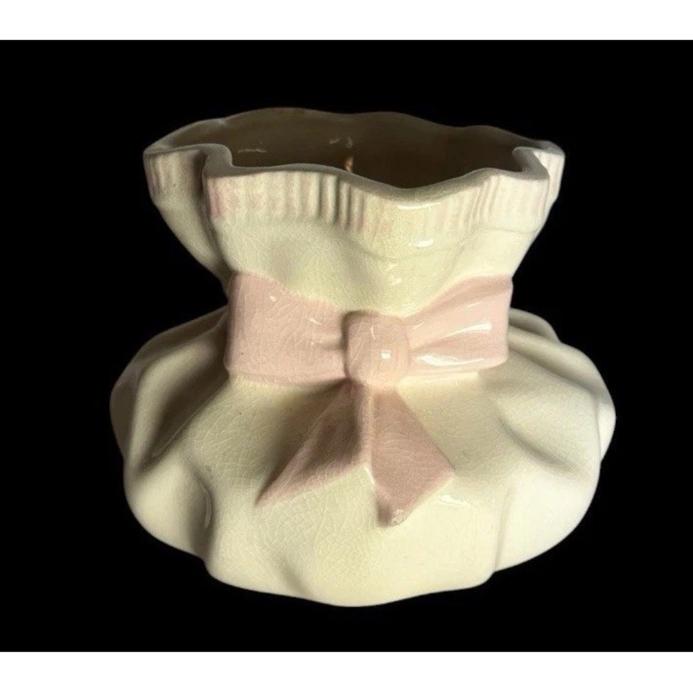 Vintage Ceramic Money Bag Planter Cream Pink Bow Crackle Glaze Vase Pot